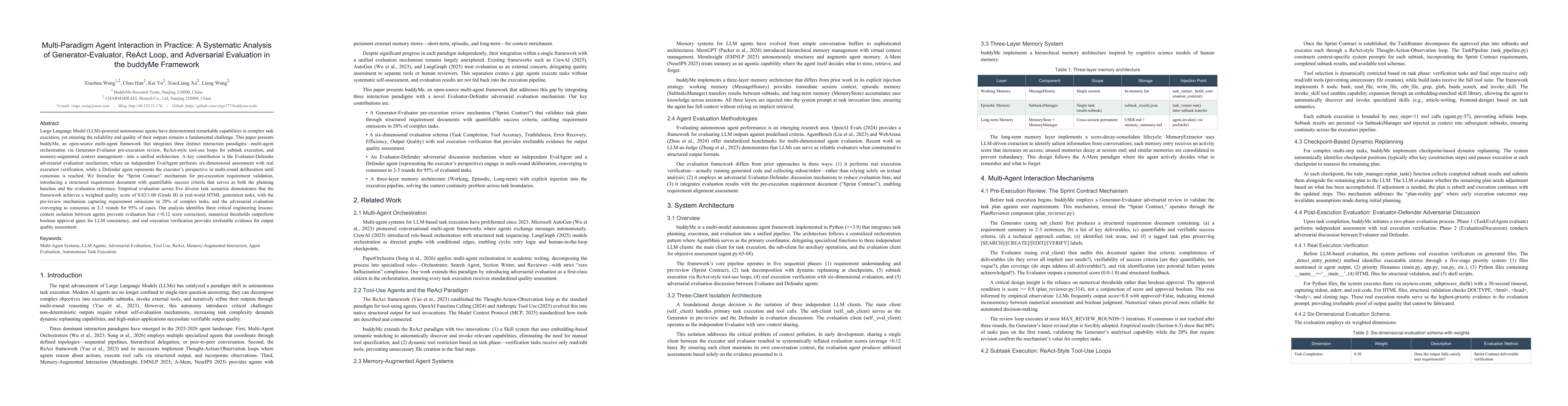Thumbnail for Multi-Paradigm Agent Interaction in Practice:A Systematic Analysis of Generator-Evaluator, ReAct Loop,and Adversarial Evaluation in the buddyMe Framework
