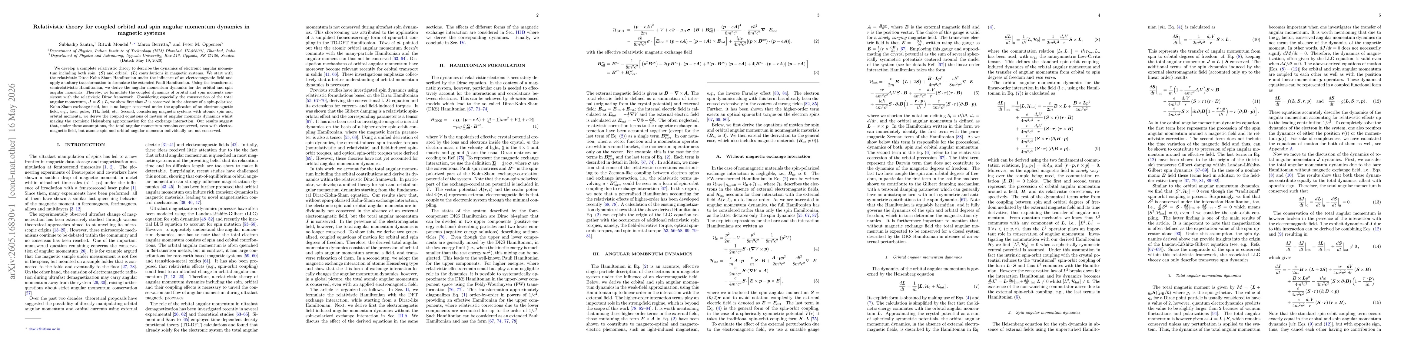 Thumbnail for Relativistic theory for coupled orbital and spin angular momentum dynamics in magnetic systems