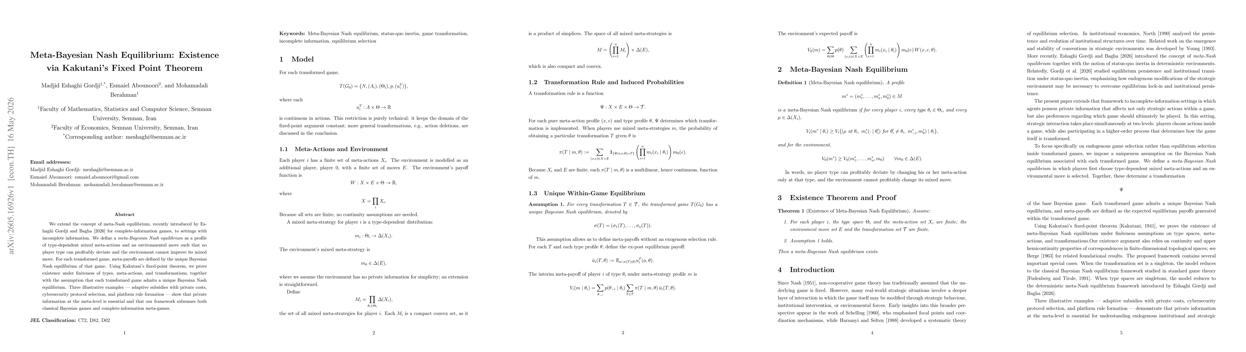 Thumbnail for Meta-Bayesian Nash Equilibrium: Existence via Kakutani's Fixed Point Theorem