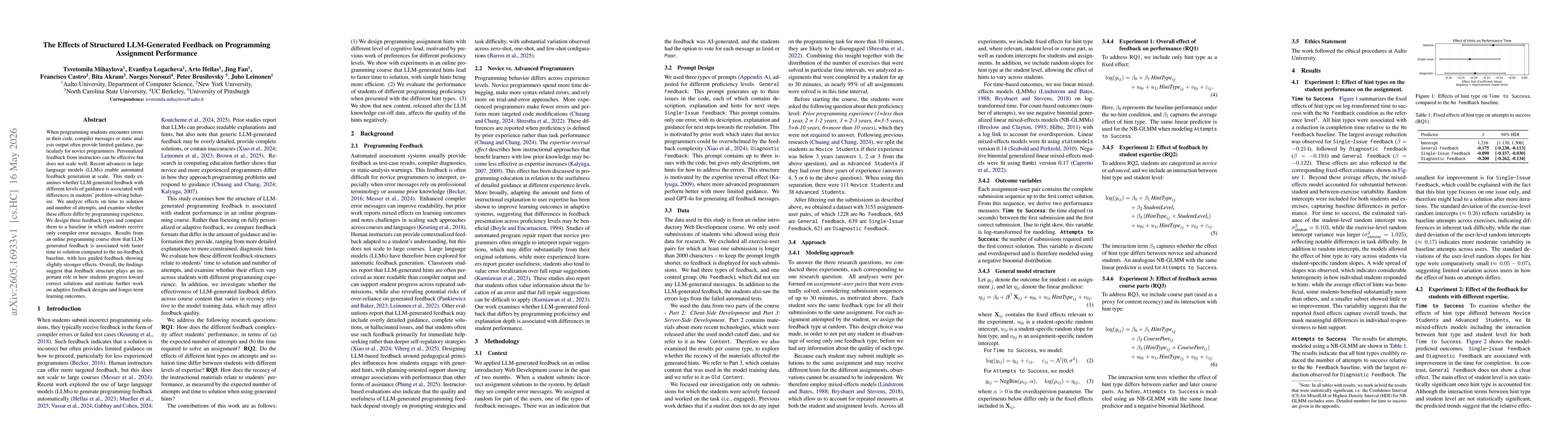 Thumbnail for The Effects of Structured LLM-Generated Feedback on Programming Assignment Performance