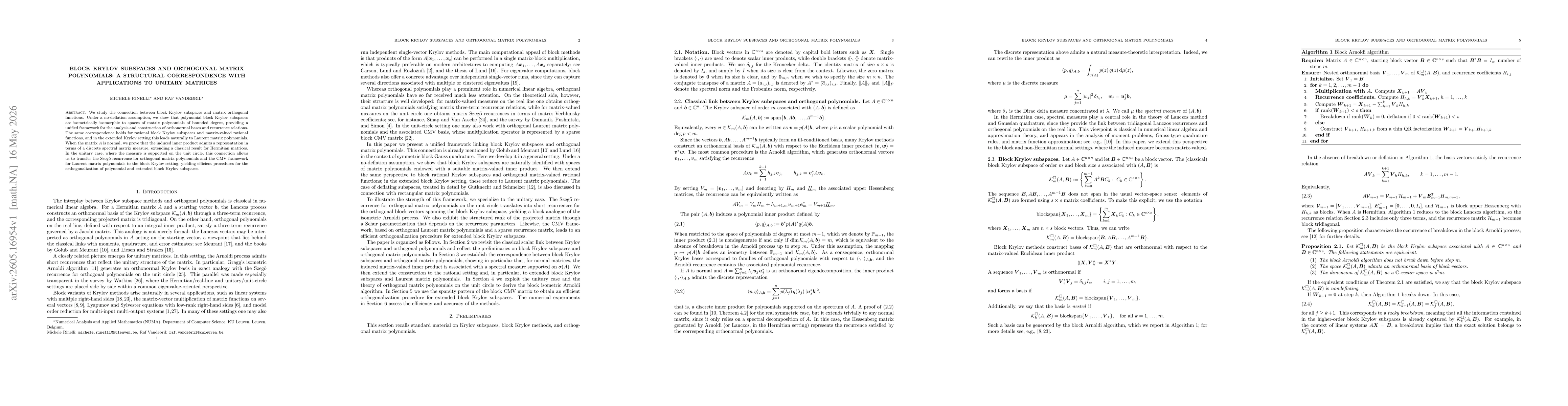 Thumbnail for Block Krylov subspaces and orthogonal matrix polynomials: a structural correspondence with applications to unitary matrices