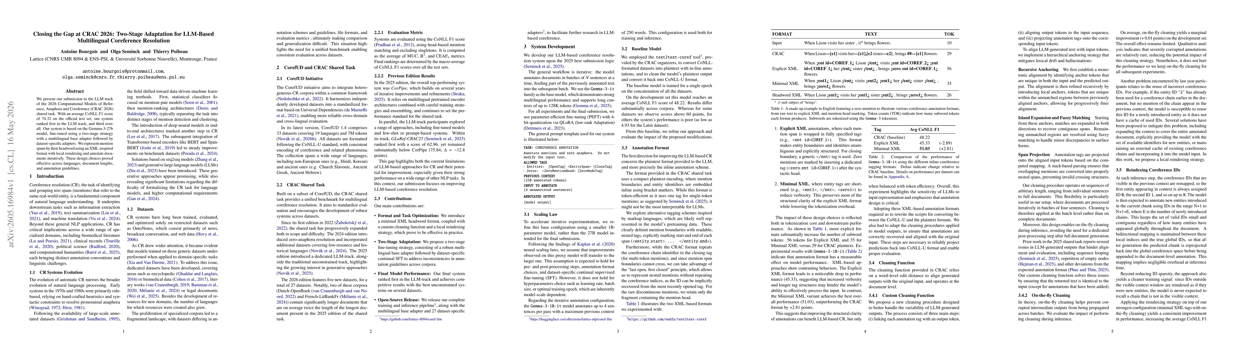 Thumbnail for Closing the Gap at CRAC 2026: Two-Stage Adaptation for LLM-Based Multilingual Coreference Resolution