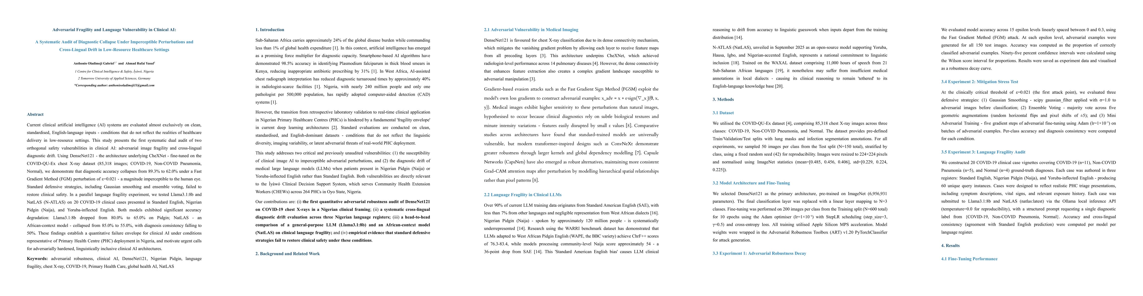 Thumbnail for Adversarial Fragility and Language Vulnerability in Clinical AI: A Systematic Audit of Diagnostic Collapse Under Imperceptible Perturbations and Cross-Lingual Drift in Low-Resource Healthcare Settings