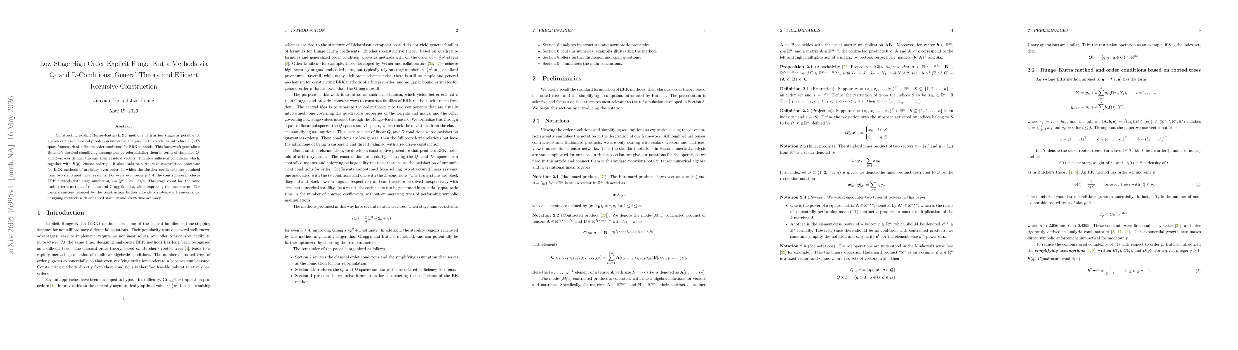 Thumbnail for Low Stage High Order Explicit Runge--Kutta Methods via Q- and D-Conditions: General Theory and Efficient Recursive Construction