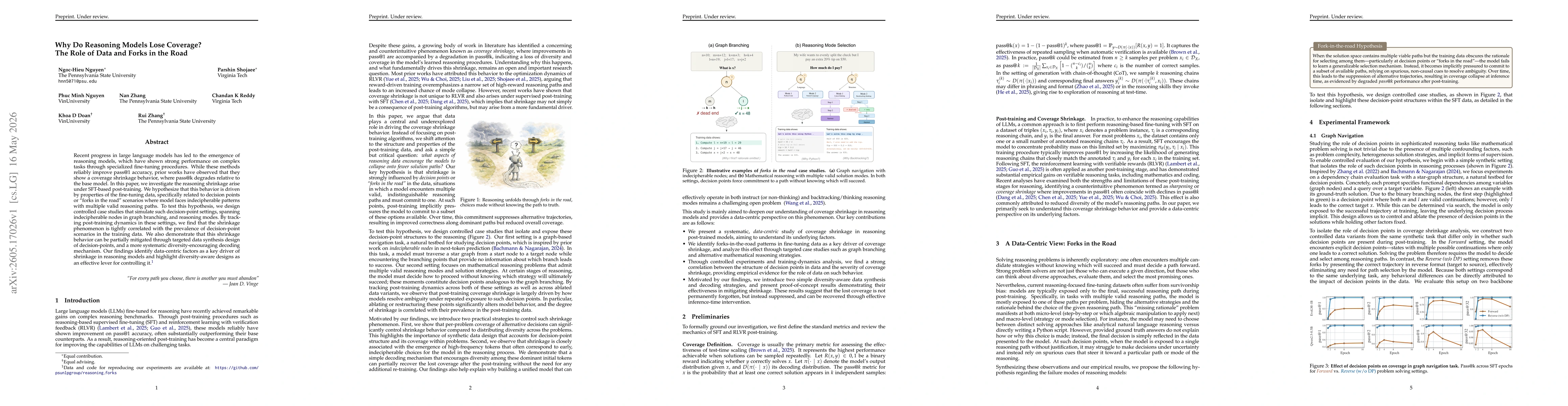 Thumbnail for Why Do Reasoning Models Lose Coverage? The Role of Data and Forks in the Road