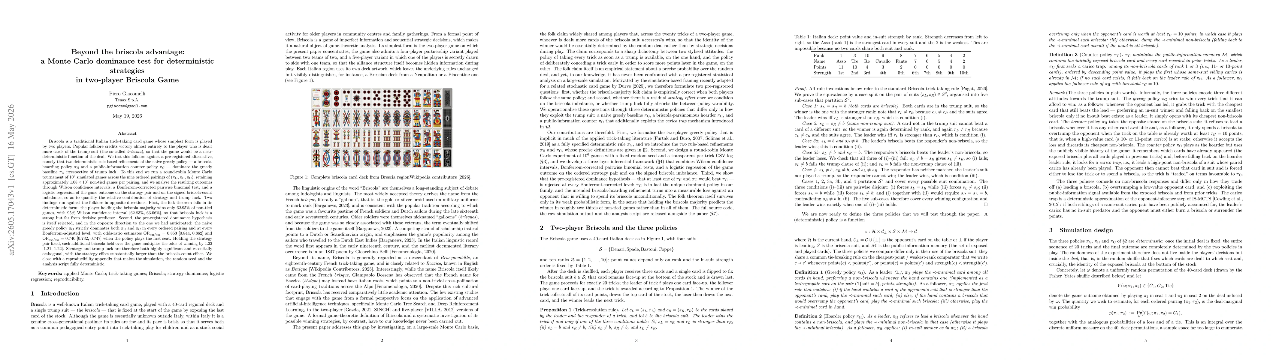 Thumbnail for Beyond the briscola advantage: a Monte Carlo dominance test for deterministic strategies in two-player Briscola Game