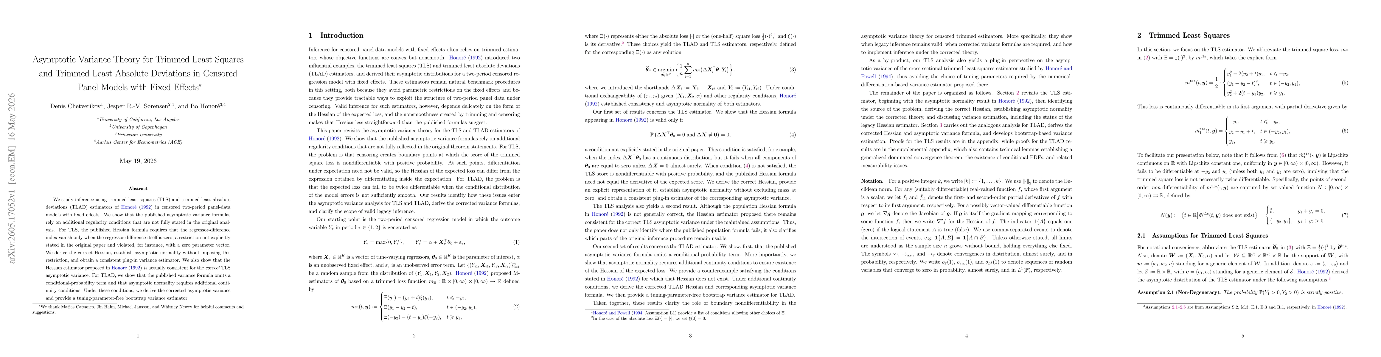 Thumbnail for Asymptotic Variance Theory for Trimmed Least Squares and Trimmed Least Absolute Deviations in Censored Panel Models with Fixed Effects