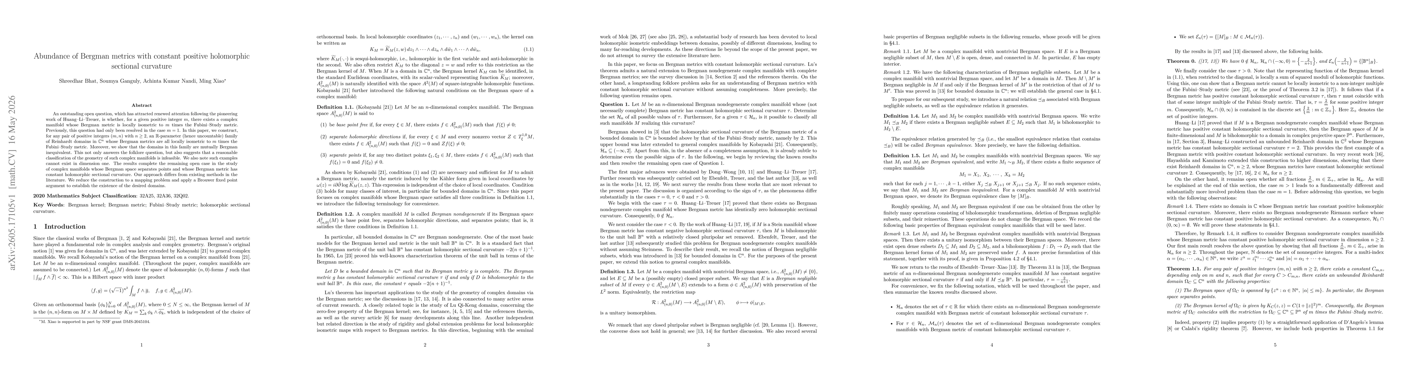 Thumbnail for Abundance of Bergman metrics with constant positive holomorphic sectional curvature