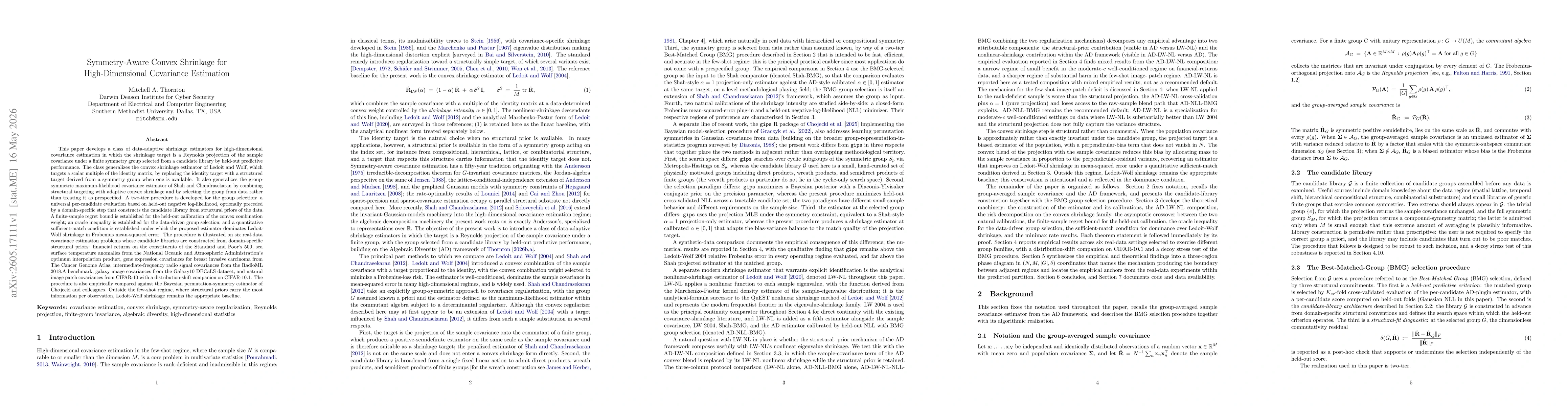 Thumbnail for Symmetry-Aware Convex Shrinkage for High-Dimensional Covariance Estimation