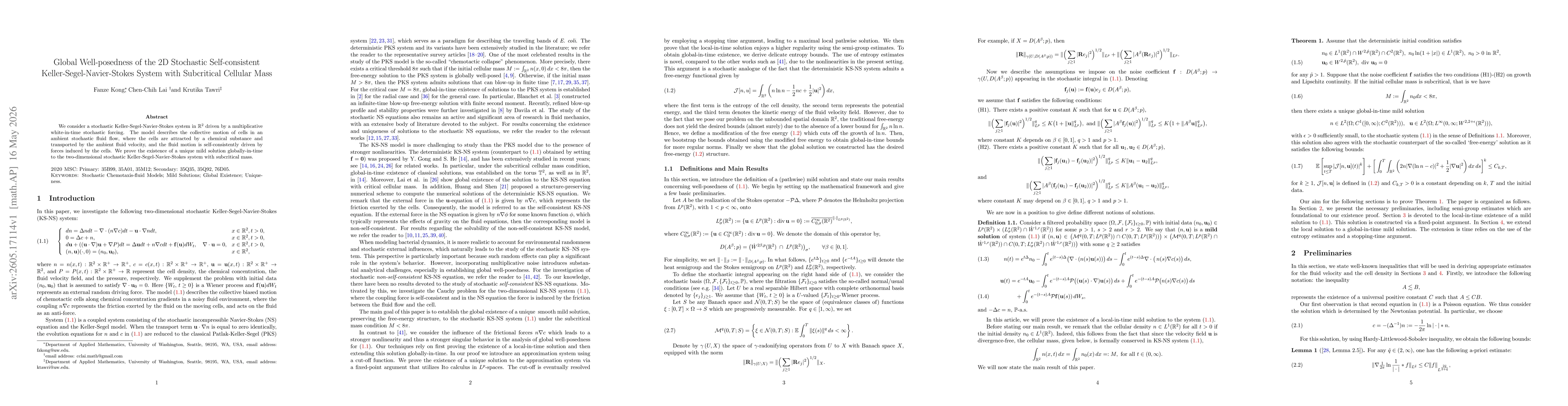 Thumbnail for Global Well-posedness of the 2D Stochastic Self-consistent Keller-Segel-Navier-Stokes System with Subcritical Cellular Mass