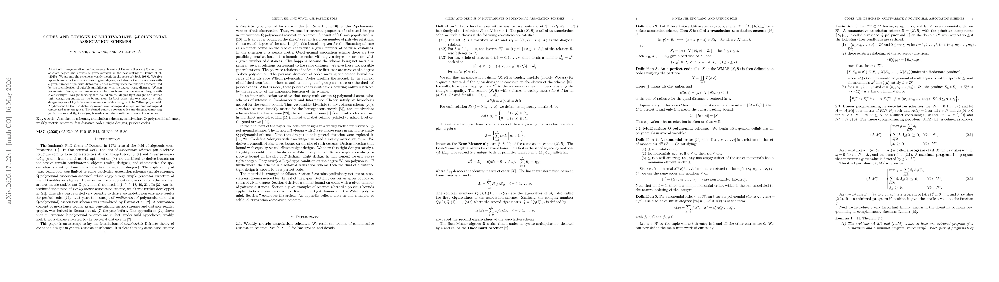 Thumbnail for Codes and designs in multivariate $Q$-polynomial association schemes