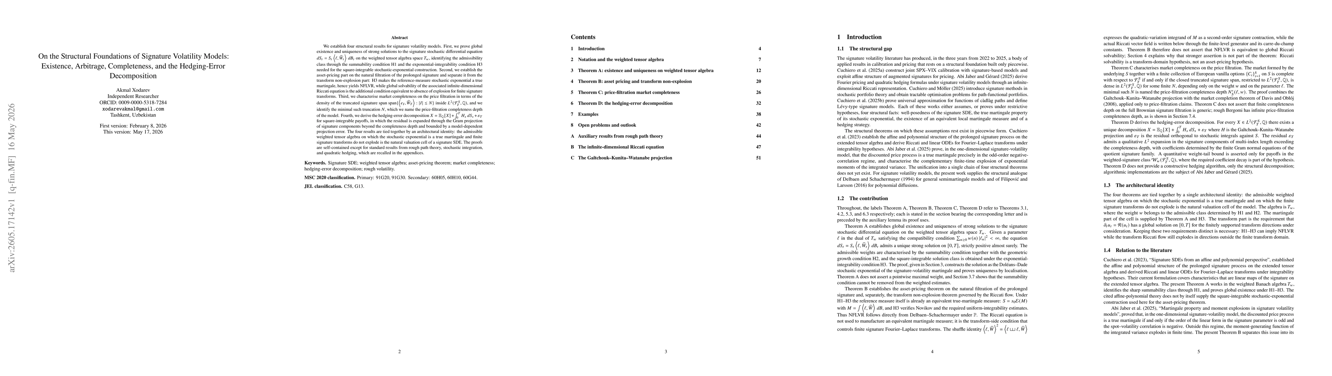 Thumbnail for On the Structural Foundations of Signature Volatility Models: Existence, Arbitrage, Completeness, and the Hedging-Error Decomposition
