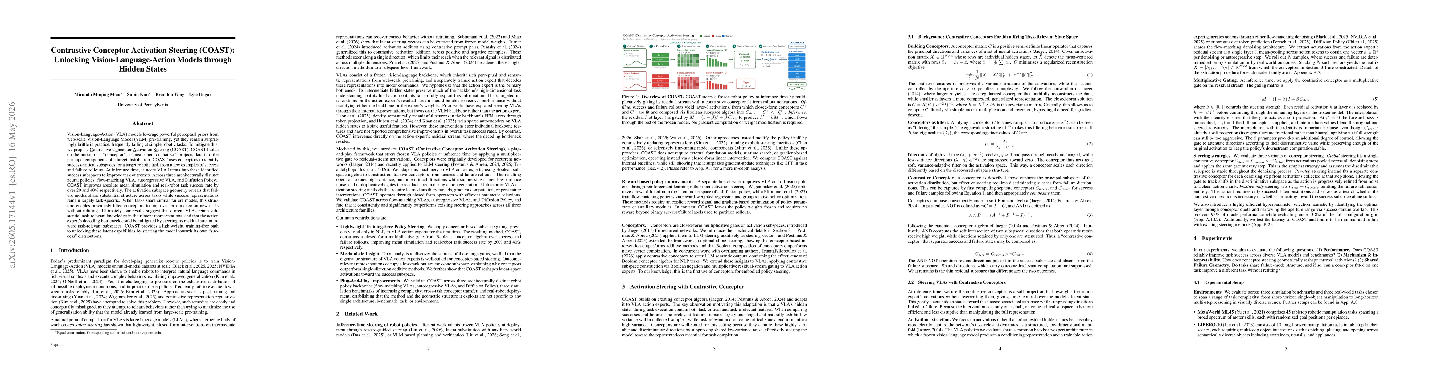 Thumbnail for Contrastive Conceptor Activation Steering (COAST): Unlocking Vision-Language-Action Models through Hidden States