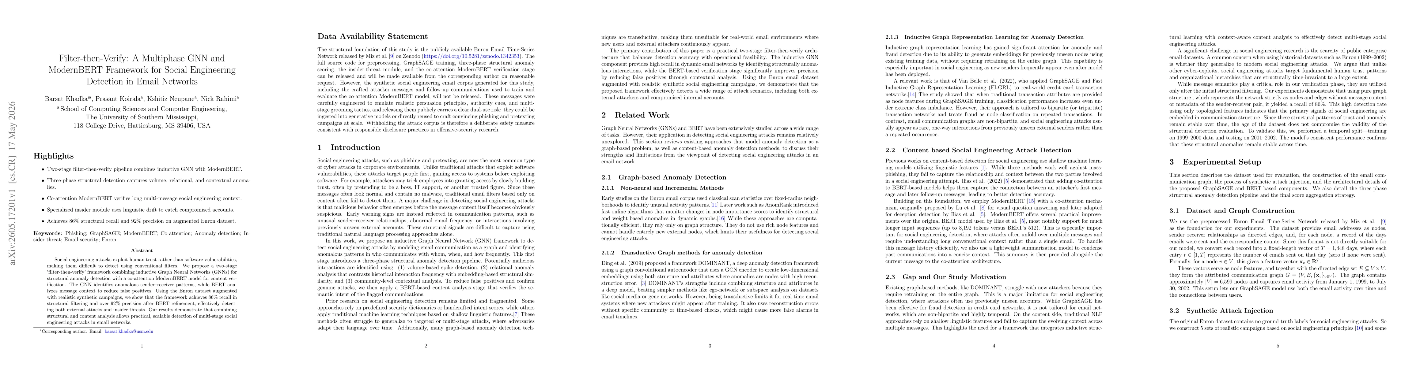 Thumbnail for Filter-then-Verify: A Multiphase GNN and ModernBERT Framework for Social Engineering Detection in Email Networks