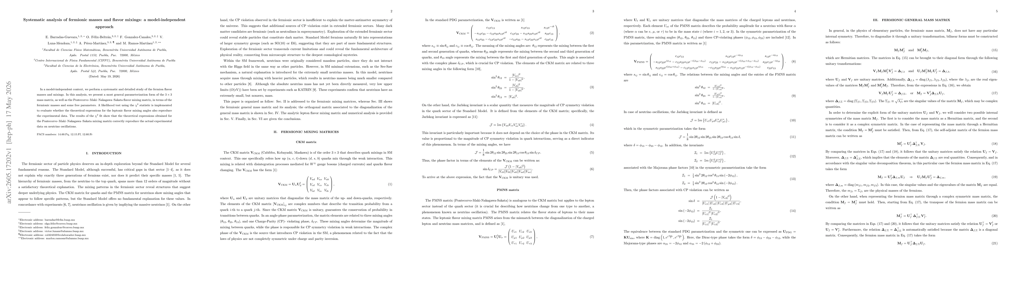Thumbnail for Systematic analysis of fermionic masses and flavor mixings: a model-independent approach
