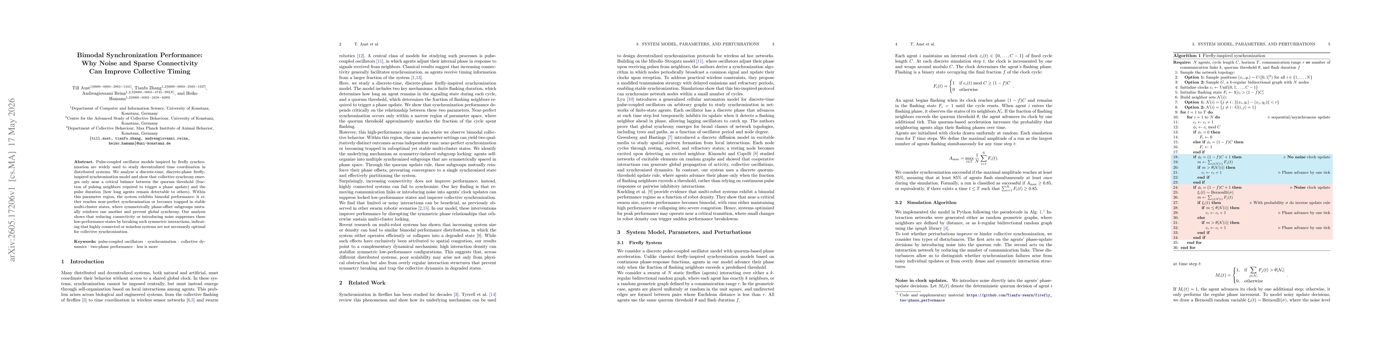 Thumbnail for Bimodal Synchronization Performance: Why Noise and Sparse Connectivity Can Improve Collective Timing