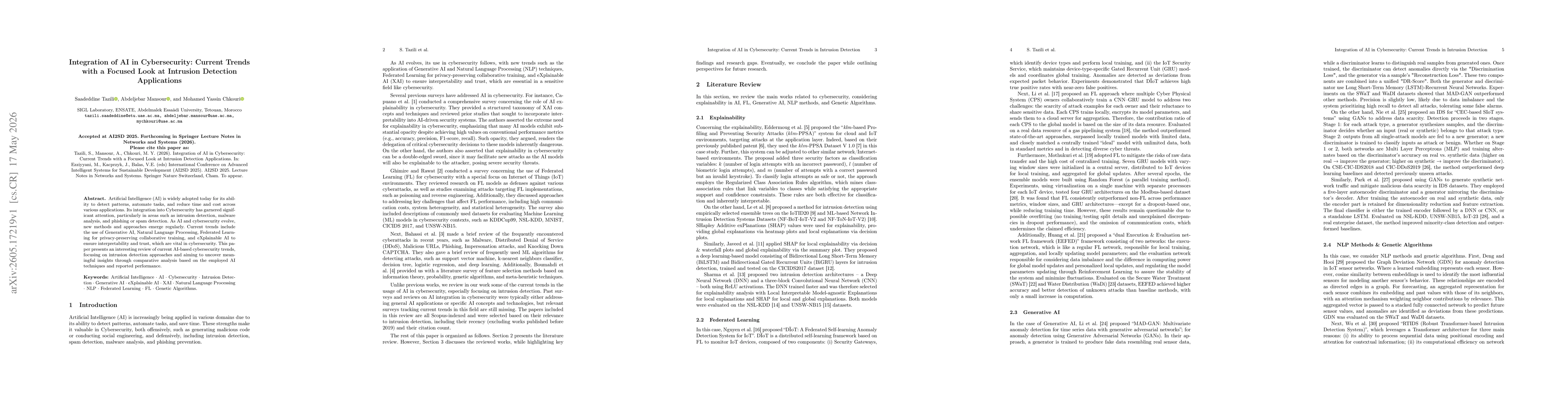 Thumbnail for Integration of AI in Cybersecurity: Current Trends with a Focused Look at Intrusion Detection Applications