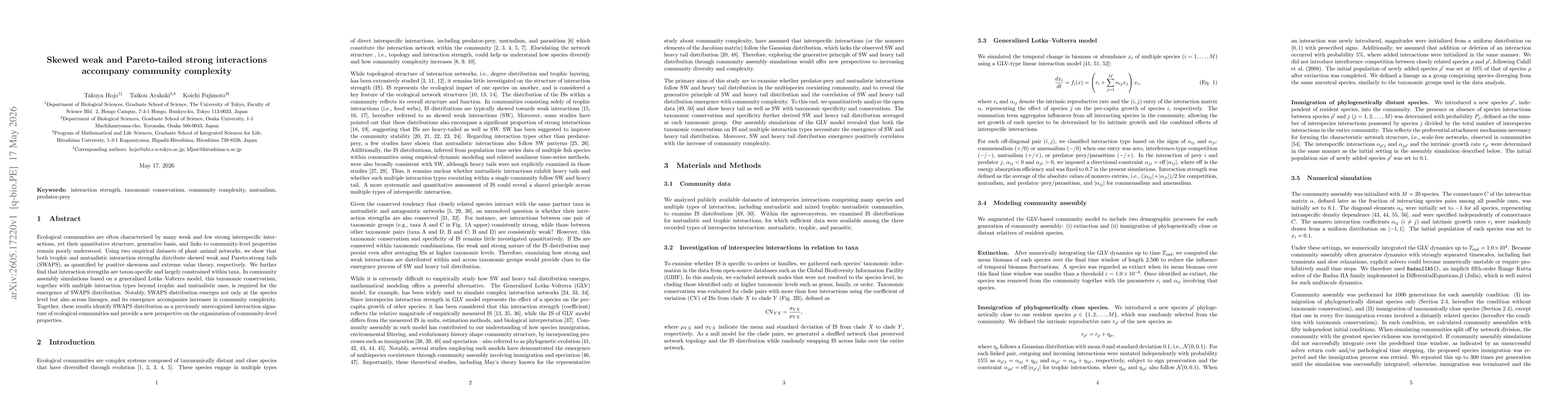 Thumbnail for Skewed weak and Pareto-tailed strong interactions accompany community diversity and complexity