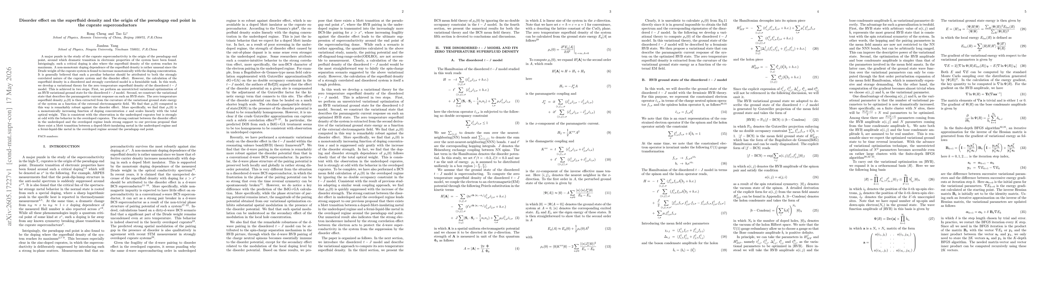 Thumbnail for Disorder effect on the superfluid density and the origin of the pseudogap end point in the cuprate superconductors