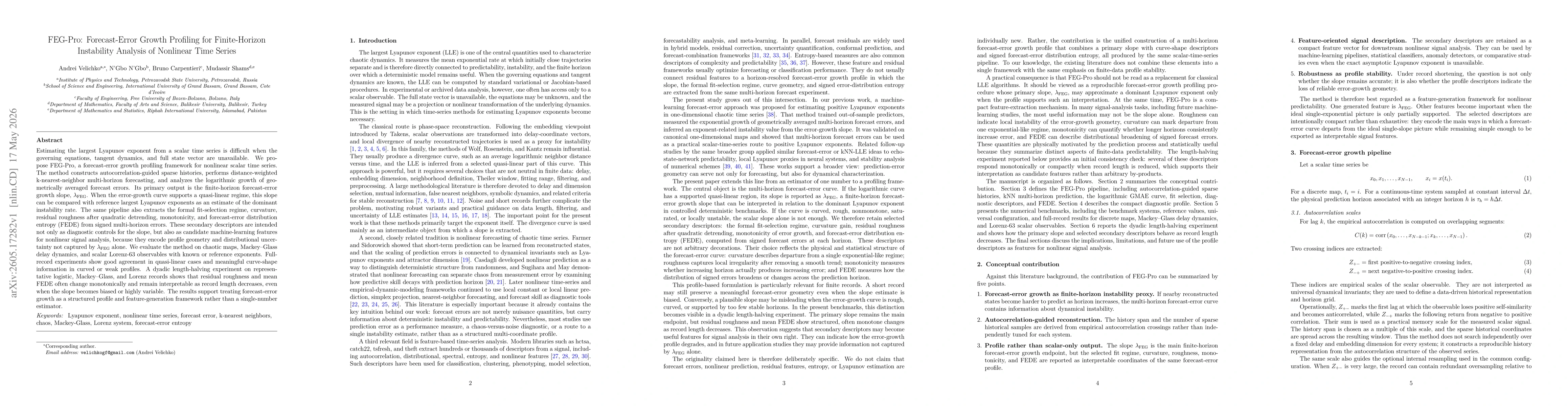Thumbnail for FEG-Pro: Forecast-Error Growth Profiling for Finite-Horizon Instability Analysis of Nonlinear Time Series