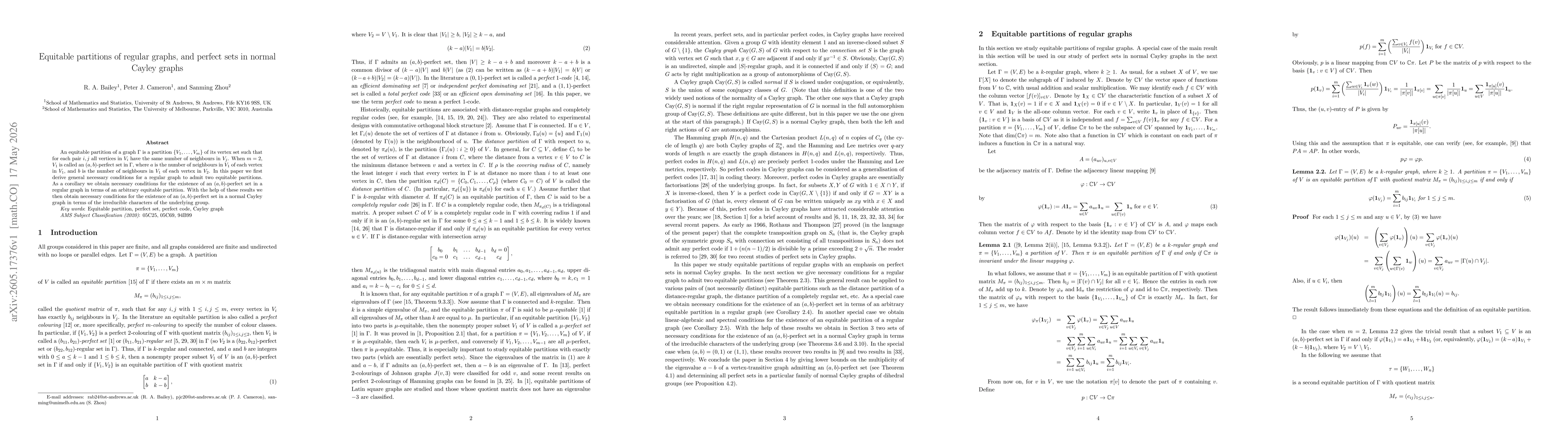Thumbnail for Equitable partitions of regular graphs, and perfect sets in normal Cayley graphs