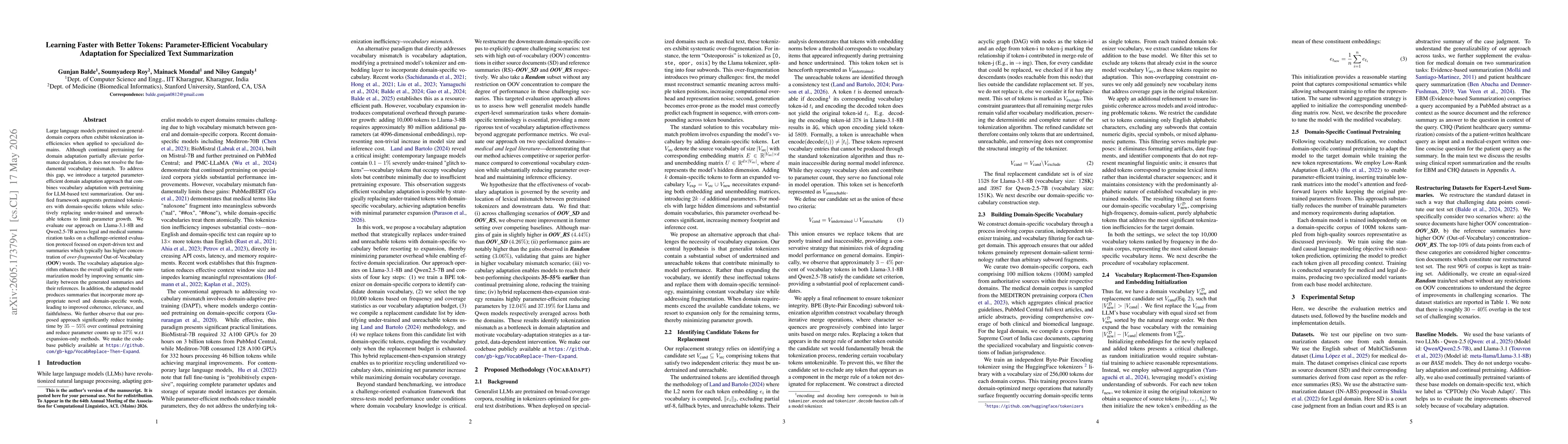 Thumbnail for Learning Faster with Better Tokens: Parameter-Efficient Vocabulary Adaptation for Specialized Text Summarization