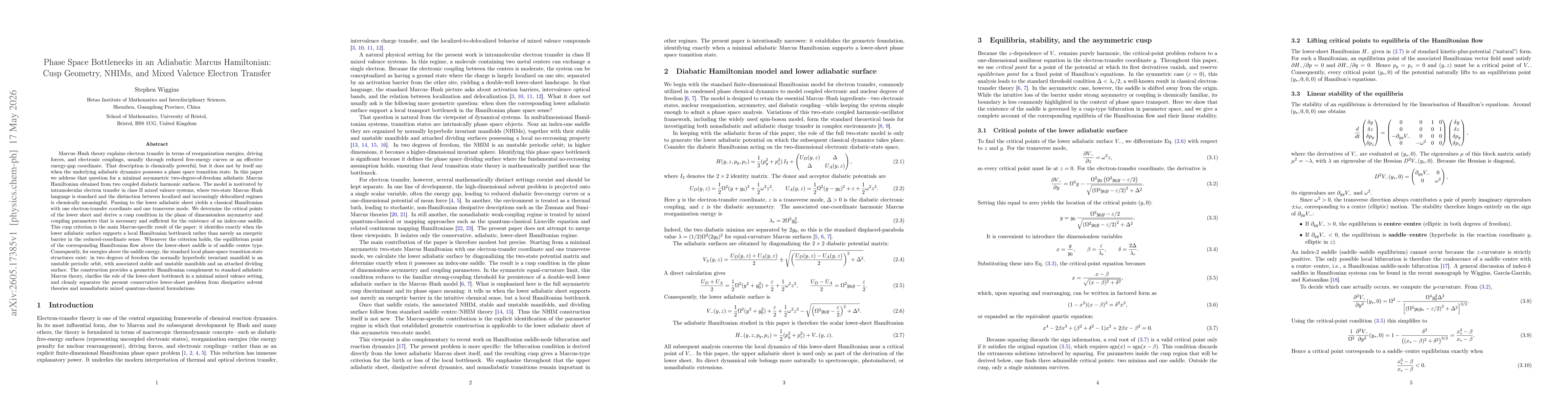 Thumbnail for Phase Space Bottlenecks in an Adiabatic Marcus Hamiltonian: Cusp Geometry, NHIMs, and Mixed Valence Electron Transfer