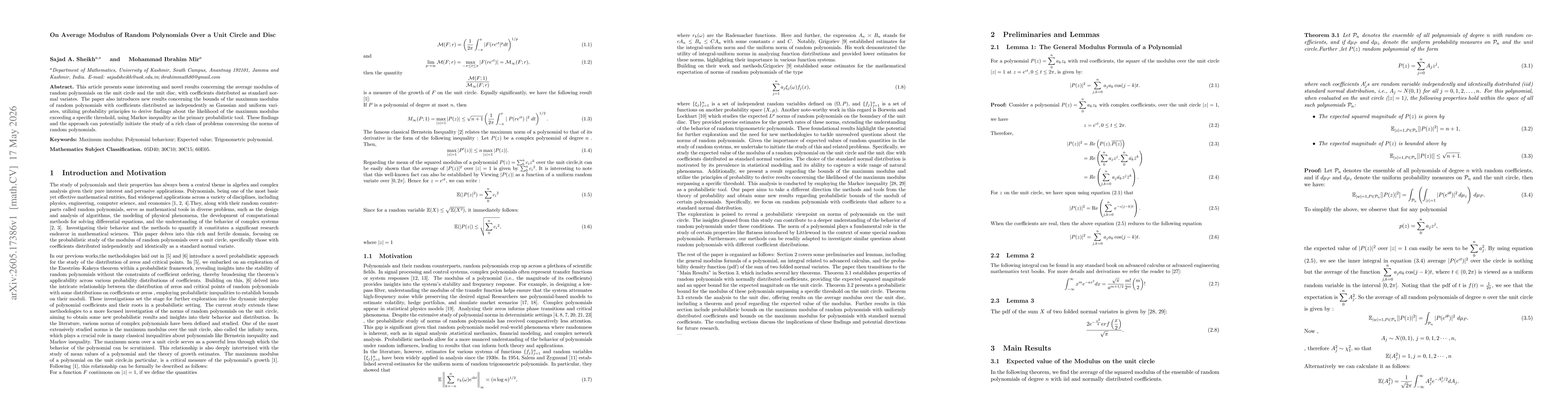 Thumbnail for On Average Modulus of Random Polynomials Over a Unit Circle and Disc