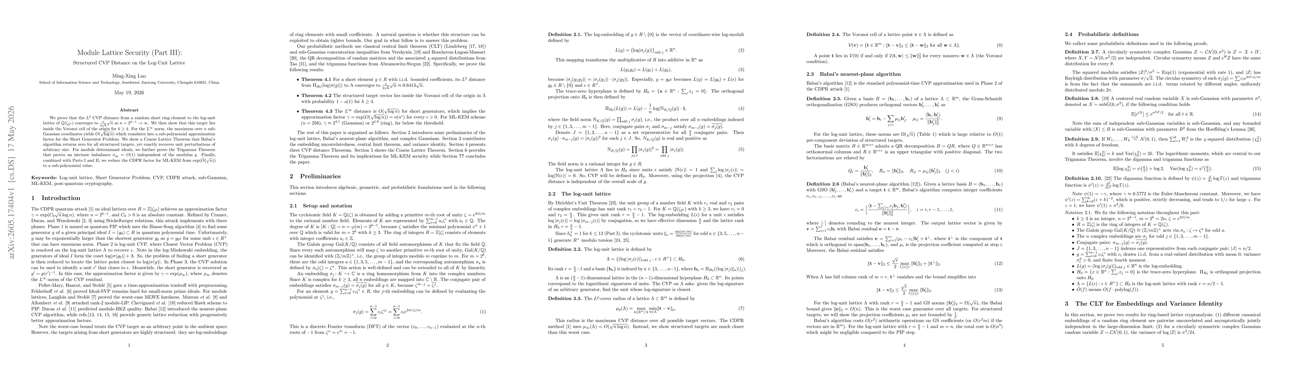 Thumbnail for Module Lattice Security (Part III): Structured CVP Distance on the Log-Unit Lattice