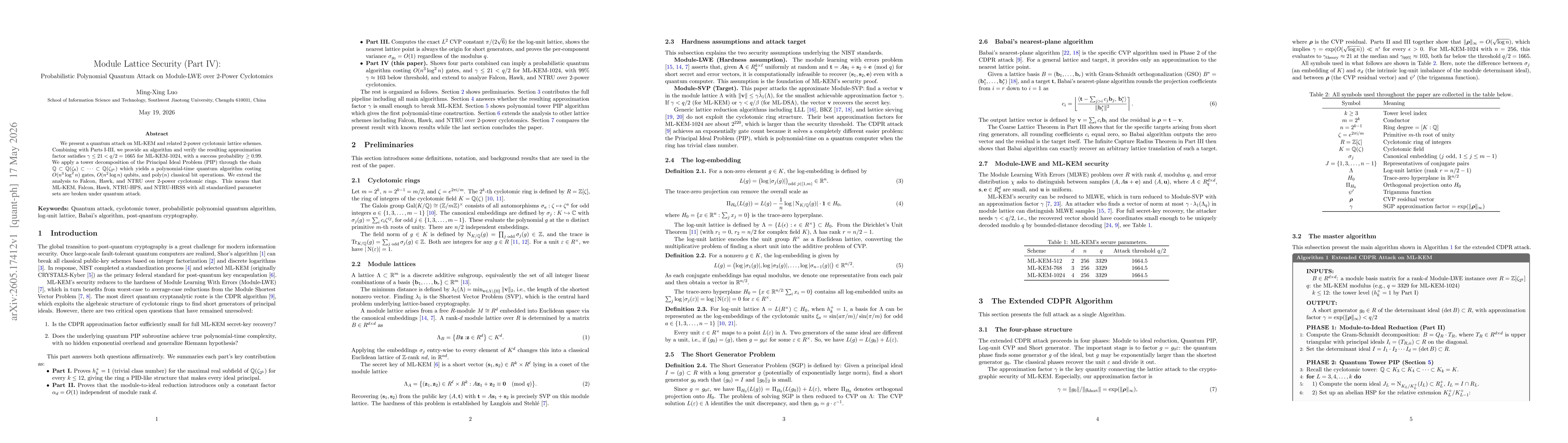 Thumbnail for Module Lattice Security (Part IV): Probabilistic Polynomial Quantum Attack on Module-LWE over 2-Power Cyclotomics