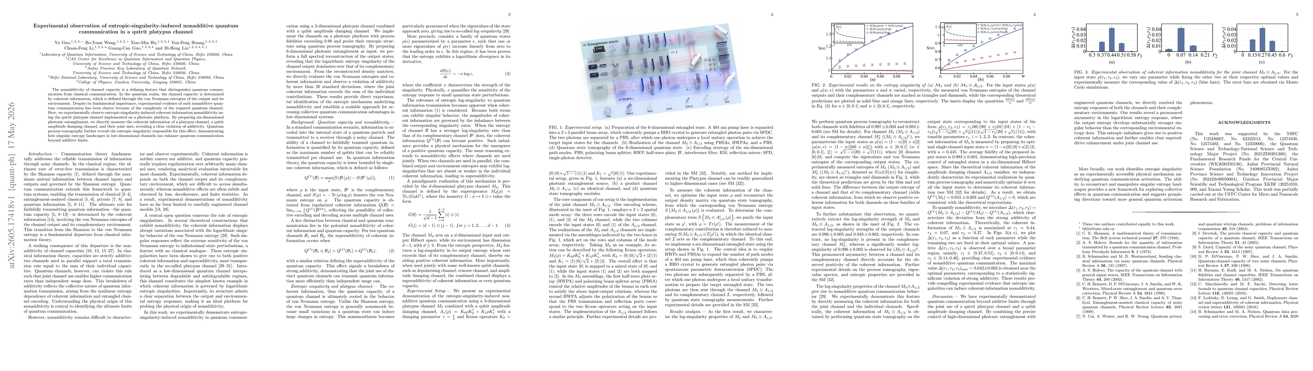 Thumbnail for Experimental observation of entropic-singularity-induced nonadditive quantum communication in a qutrit platypus channel