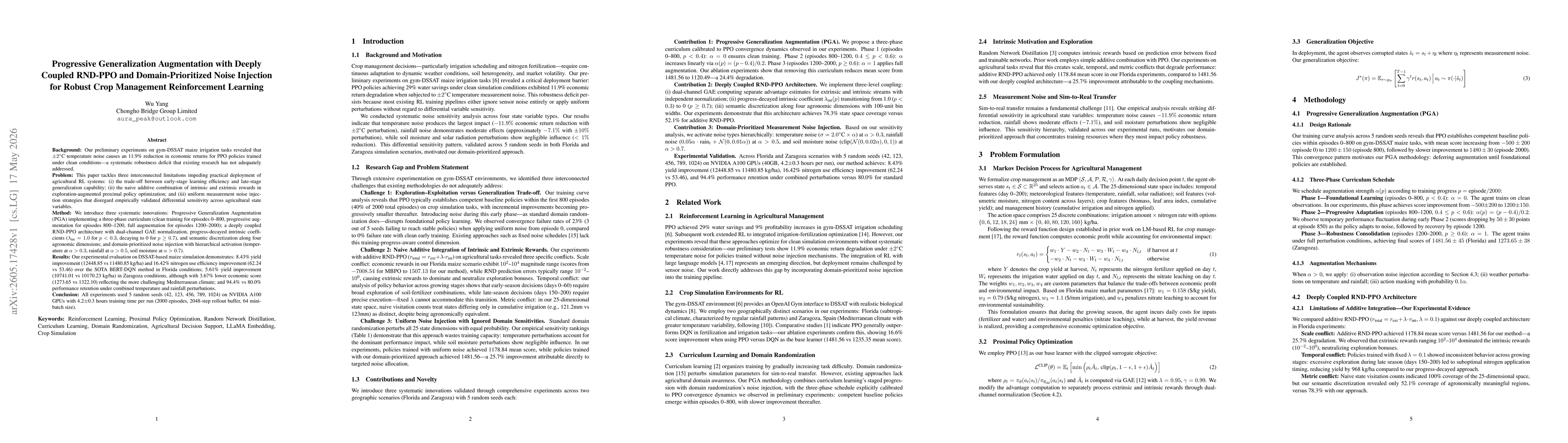 Thumbnail for Progressive Generalization Augmentation with Deeply Coupled RND-PPO and Domain-Prioritized Noise Injection for Robust Crop Management Reinforcement Learning
