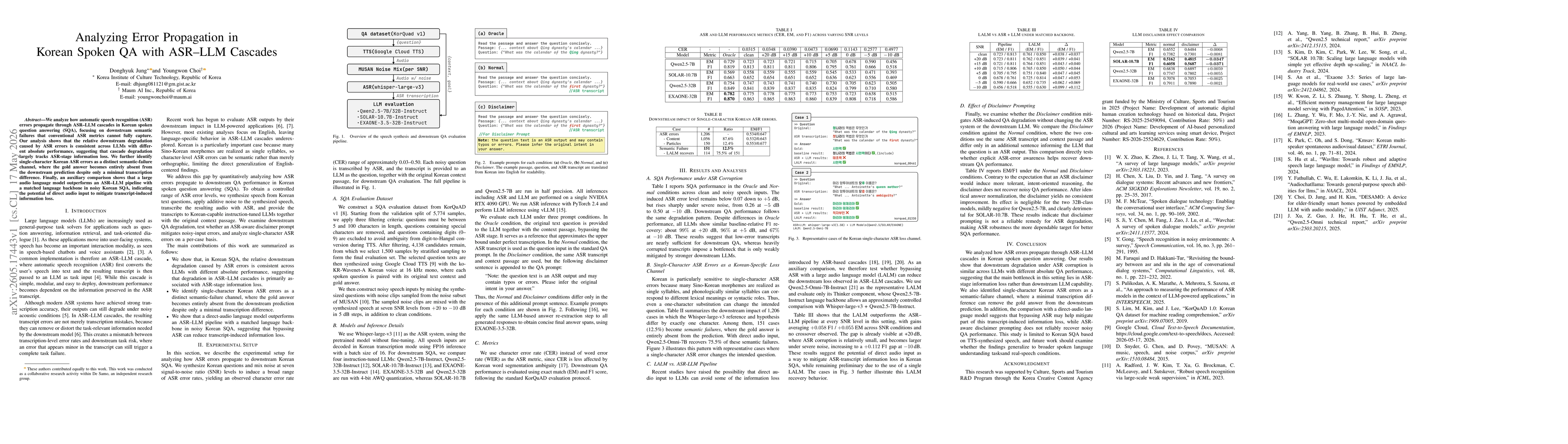 Thumbnail for Analyzing Error Propagation in Korean Spoken QA with ASR-LLM Cascades