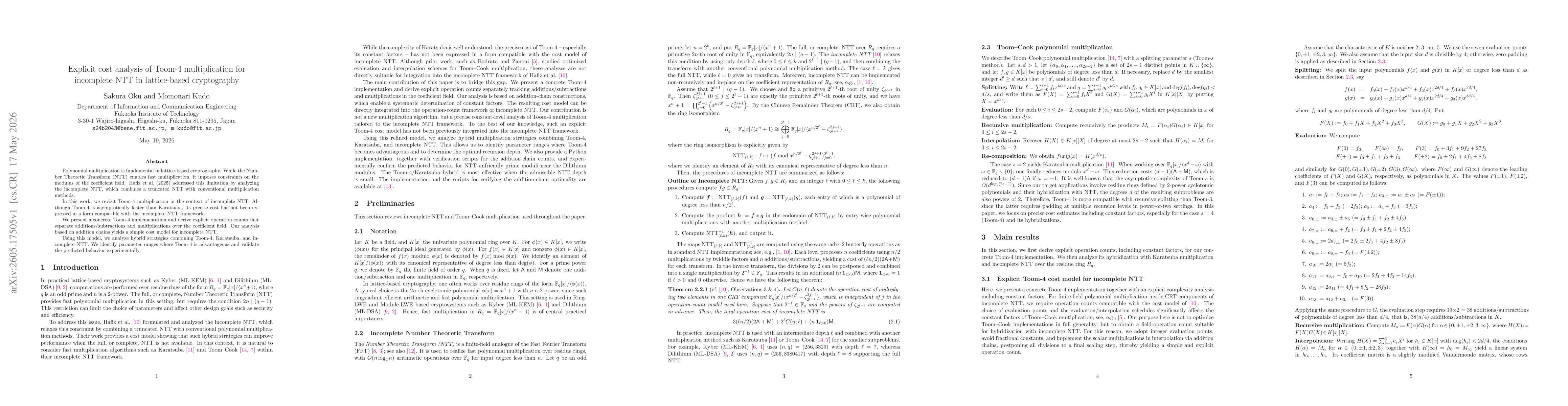 Thumbnail for Explicit cost analysis of Toom-4 multiplication for incomplete NTT in lattice-based cryptography