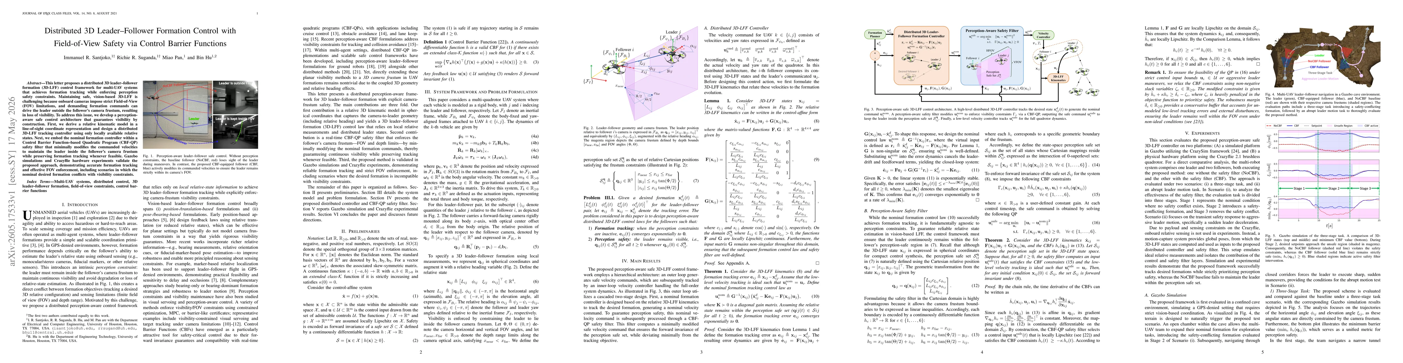 Thumbnail for Distributed 3D Leader-Follower Formation Control with Field-of-View Safety via Control Barrier Functions