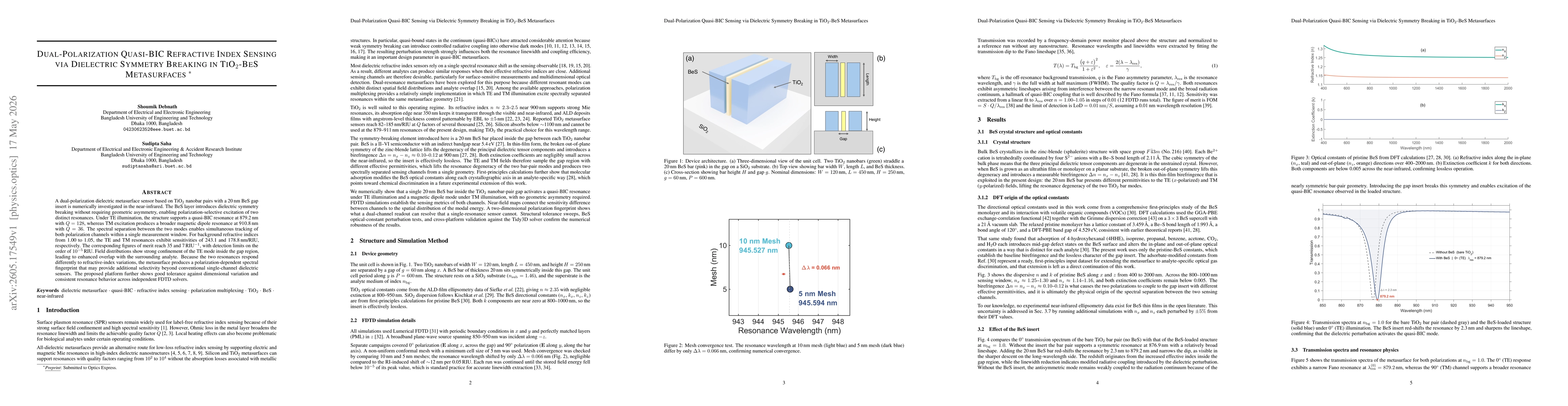 Thumbnail for Dual-Polarization Quasi-BIC Refractive Index Sensing via Dielectric Symmetry Breaking in TiO$_2$-BeS Metasurfaces