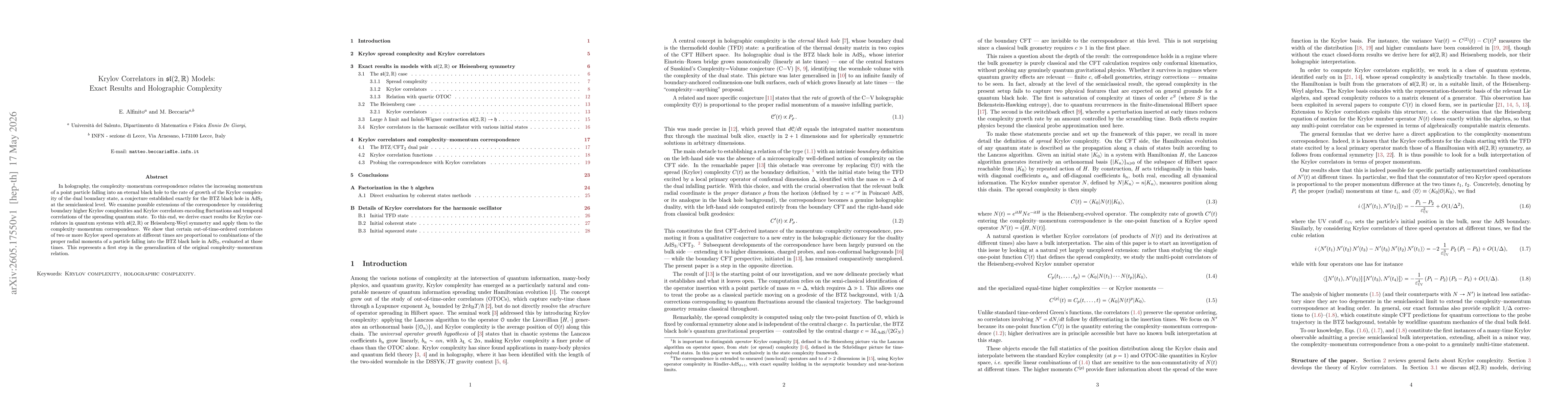 Thumbnail for Krylov Correlators in $\mathfrak{sl}(2,\mathbb R)$ Models: Exact Results and Holographic Complexity