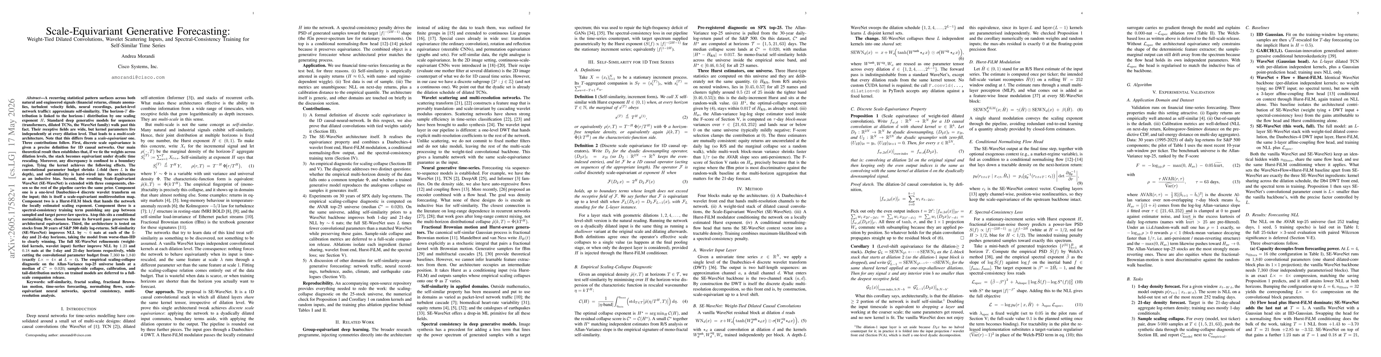 Thumbnail for Scale-Equivariant Generative Forecasting: Weight-Tied Dilated Convolutions, Wavelet Scattering Inputs, and Spectral-Consistency Training for Self-Similar Time Series