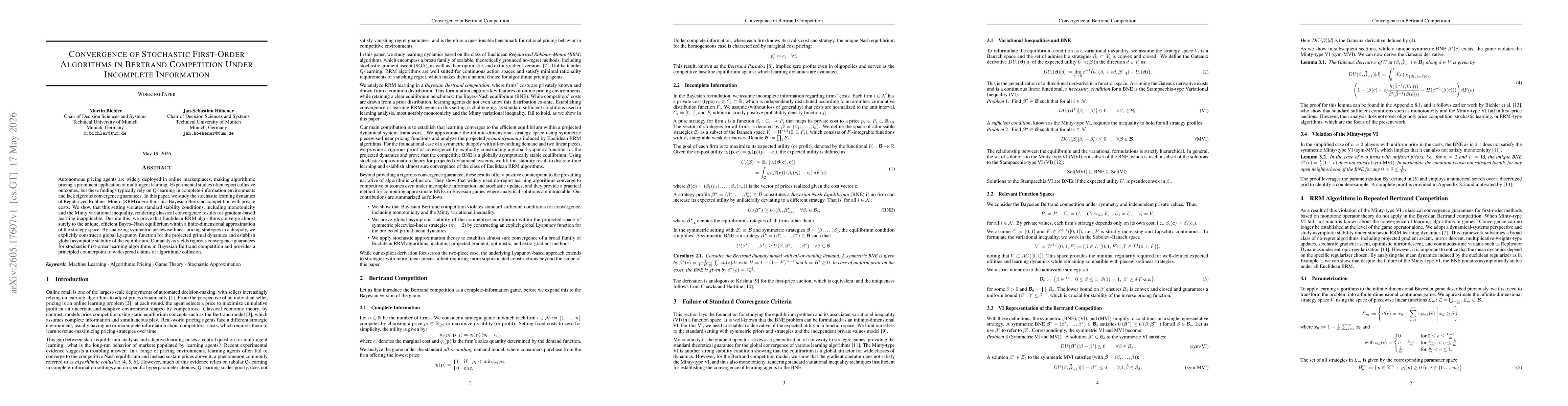 Thumbnail for Convergence of Stochastic First-Order Algorithms in Bertrand Competition Under Incomplete Information