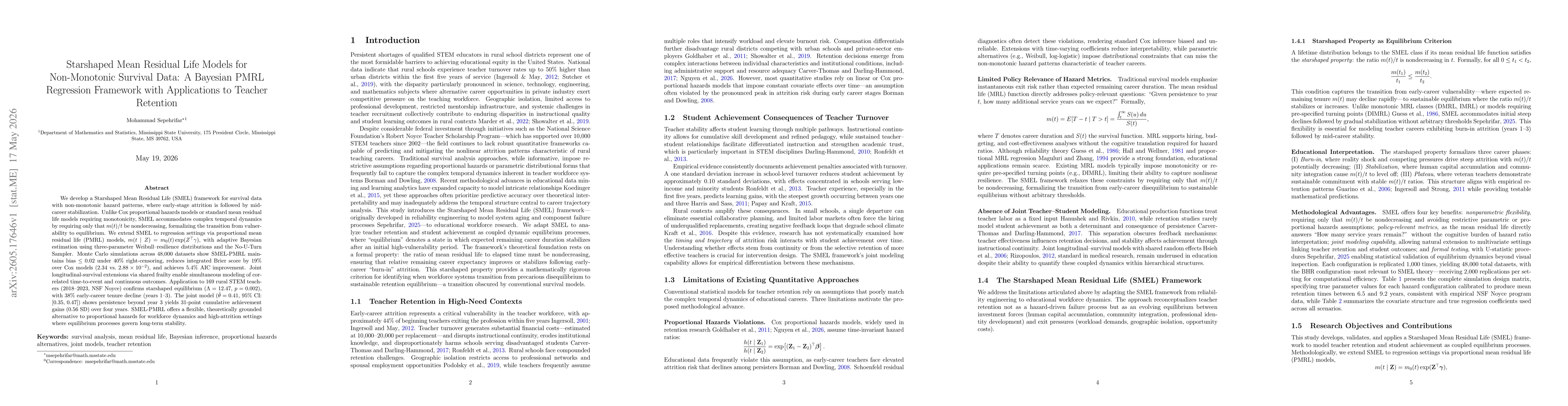 Thumbnail for Starshaped Mean Residual Life Models for Non-Monotonic Survival Data: A Bayesian PMRL Regression Framework with Applications to Teacher Retention