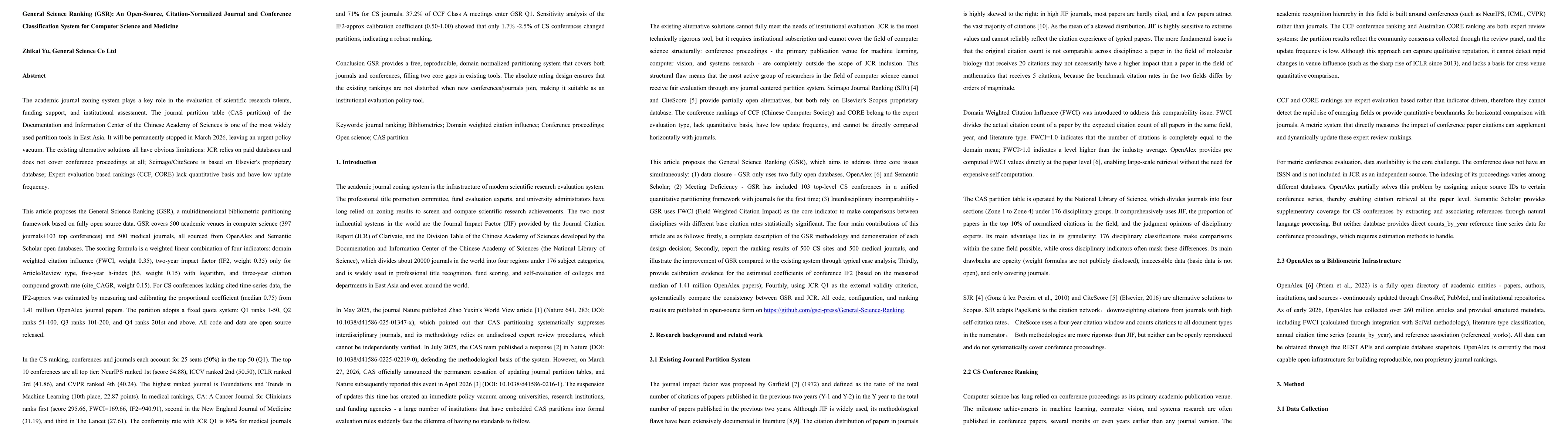 Thumbnail for General Science Ranking (GSR): An Open-Source, Citation-Normalized Journal and Conference Classification System for Computer Science and Medicine