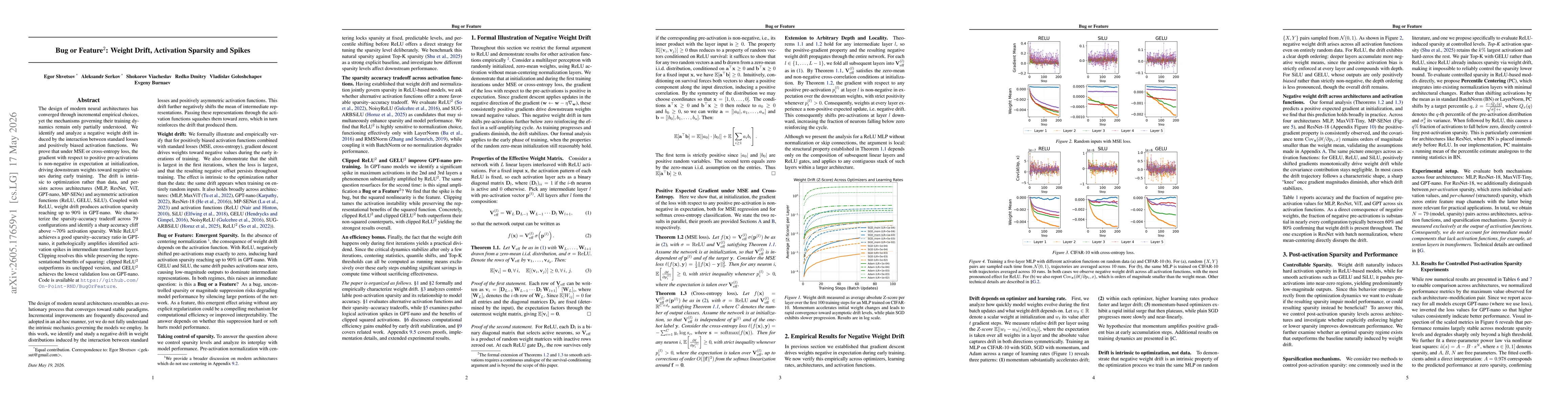 Thumbnail for Bug or Feature$^2$: Weight Drift, Activation Sparsity, and Spikes