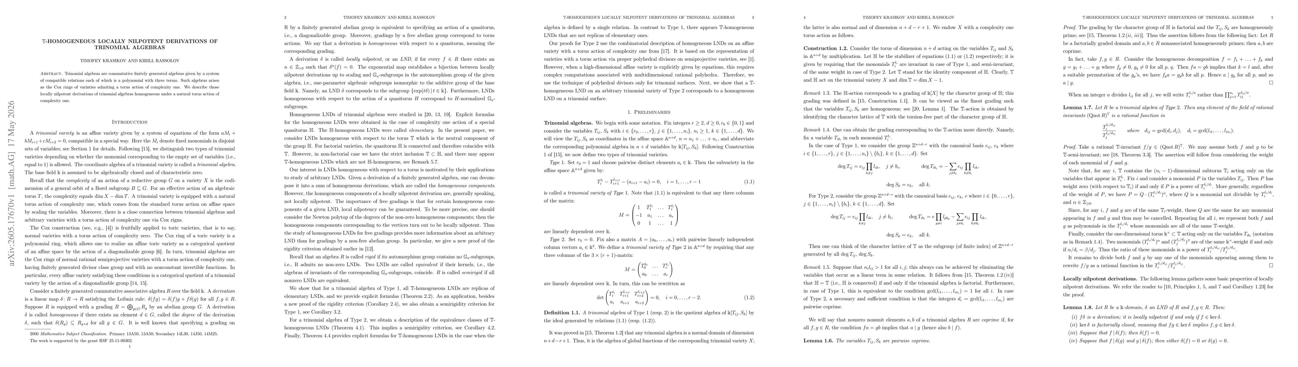 Thumbnail for $\mathbb T$-homogeneous locally nilpotent derivations of trinomial algebras