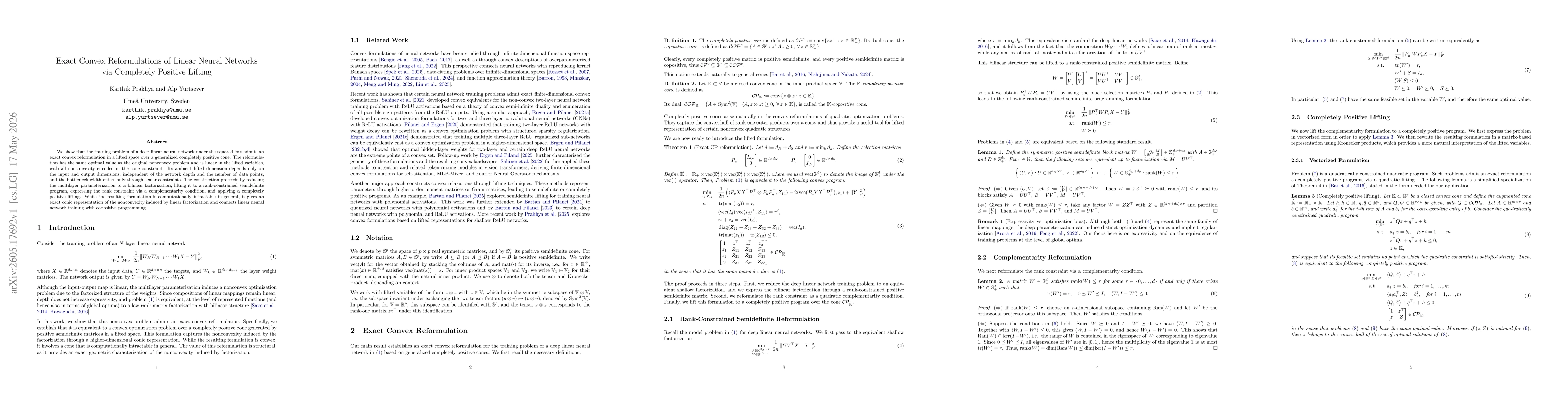 Thumbnail for Exact Convex Reformulations of Linear Neural Networks via Completely Positive Lifting