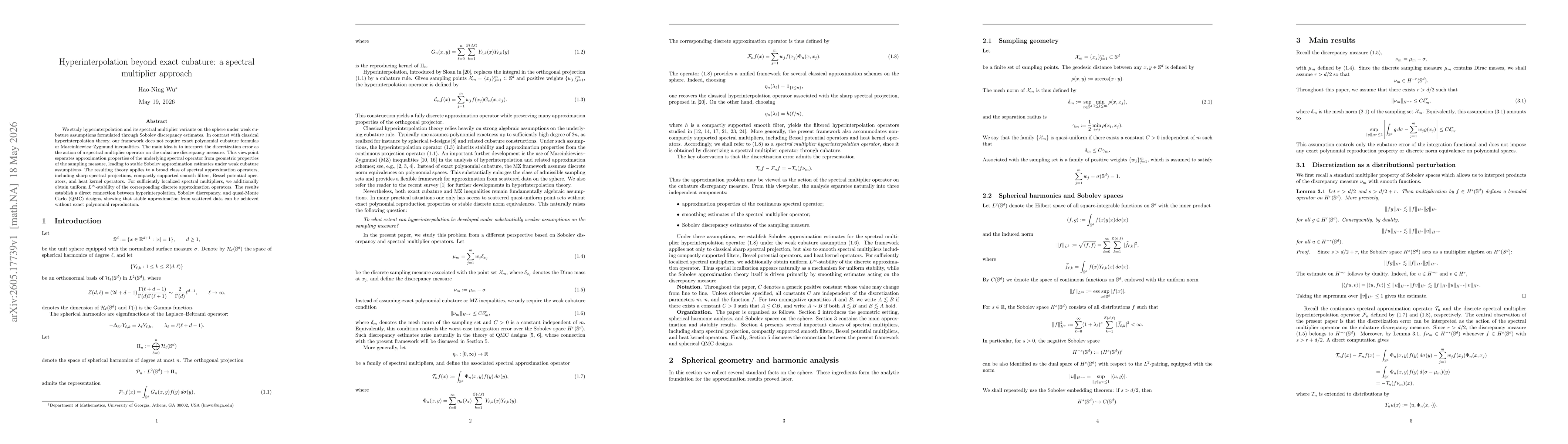 Thumbnail for Hyperinterpolation beyond exact cubature: a spectral multiplier approach