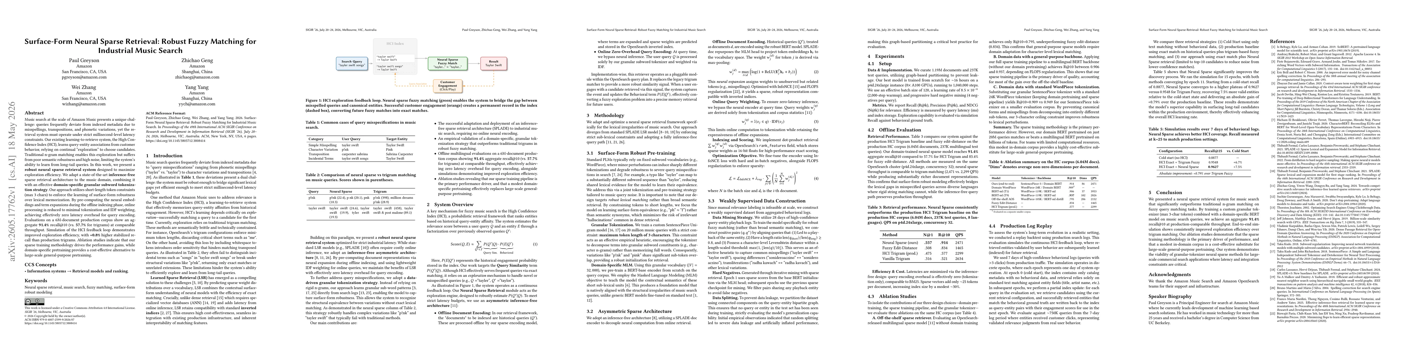 Thumbnail for Surface-Form Neural Sparse Retrieval: Robust Fuzzy Matching for Industrial Music Search