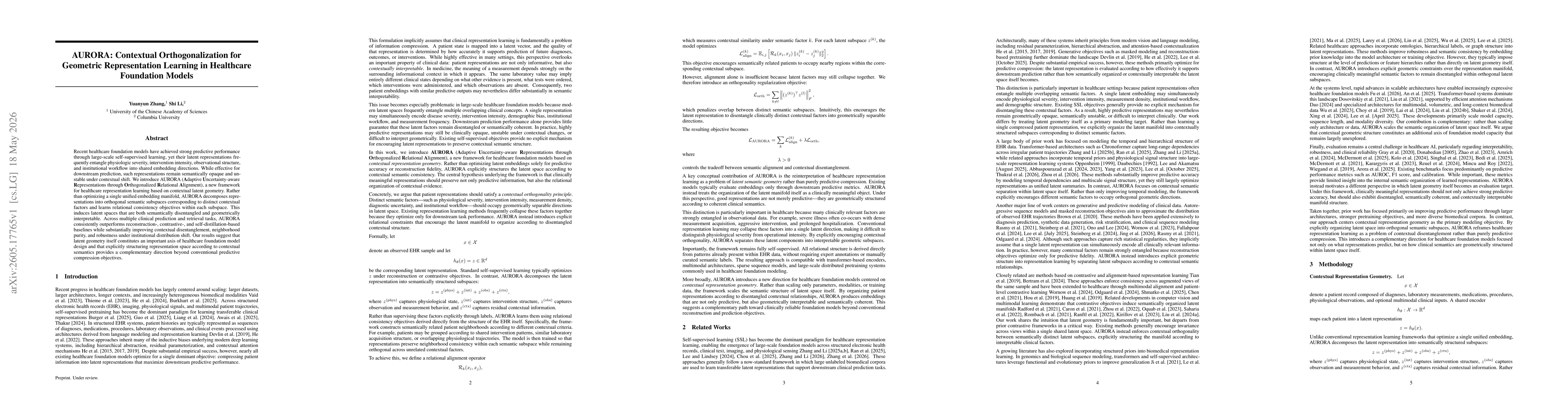 Thumbnail for AURORA: Contextual Orthogonalization for Geometric Representation Learning in Healthcare Foundation Models