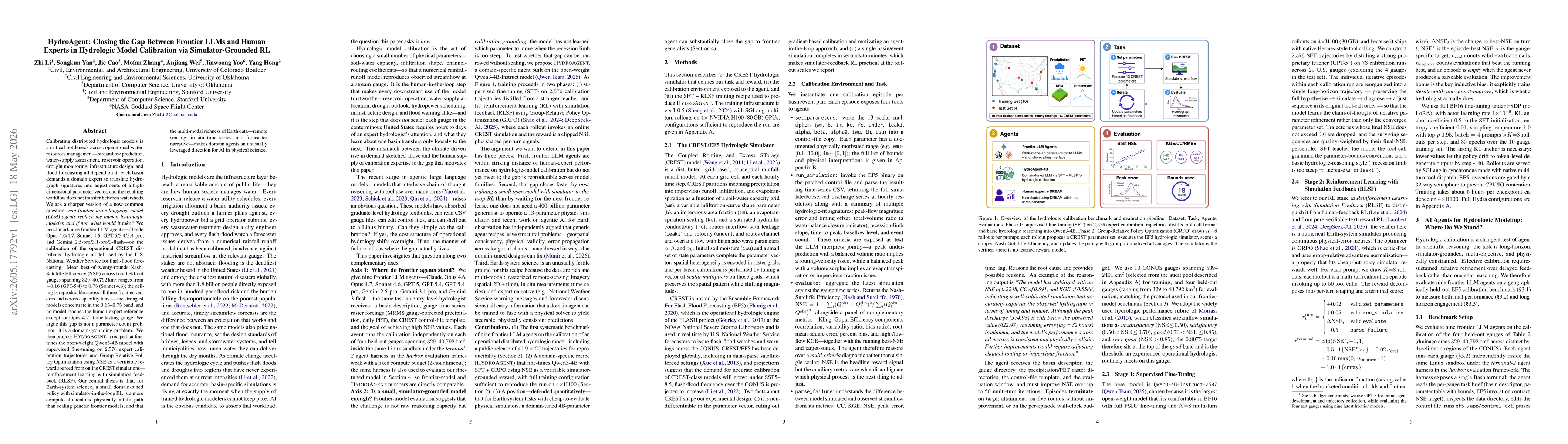 Thumbnail for HydroAgent: Closing the Gap Between Frontier LLMs and Human Experts in Hydrologic Model Calibration via Simulator-Grounded RL