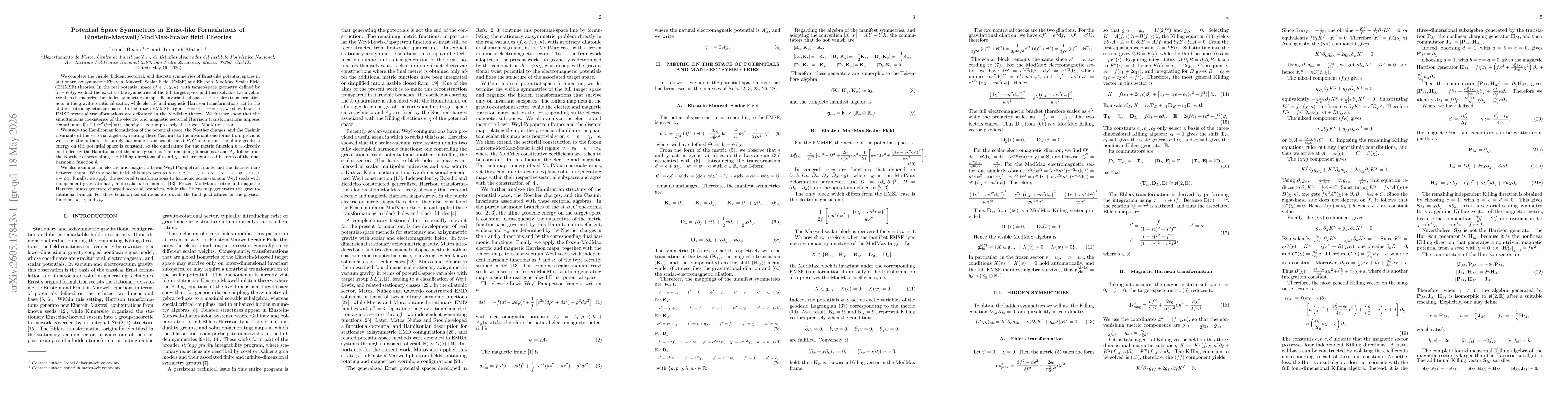 Thumbnail for Potential Space Symmetries in Ernst-like Formulations of Einstein-Maxwell/ModMax-Scalar field Theories