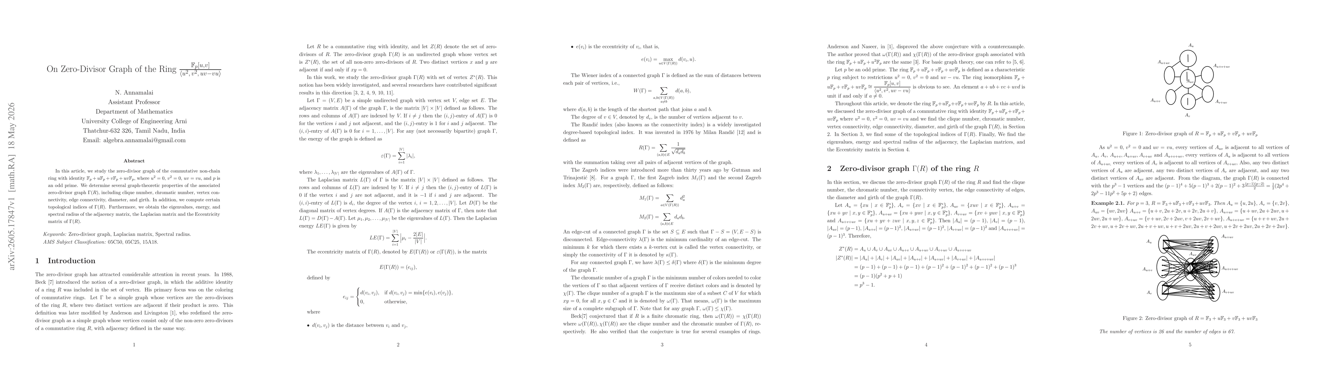 Thumbnail for On Zero-Divisor Graph of the Ring $\frac{\mathbb{F}_p[u, v]}{\langle u^2,\, v^2, \, uv-vu\rangle}$